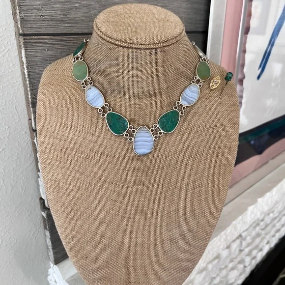 Whitney Kelly Sterling Silver 925 Blue Lace Agate and Chrysoprase Link Necklace - Picture 2 of 10